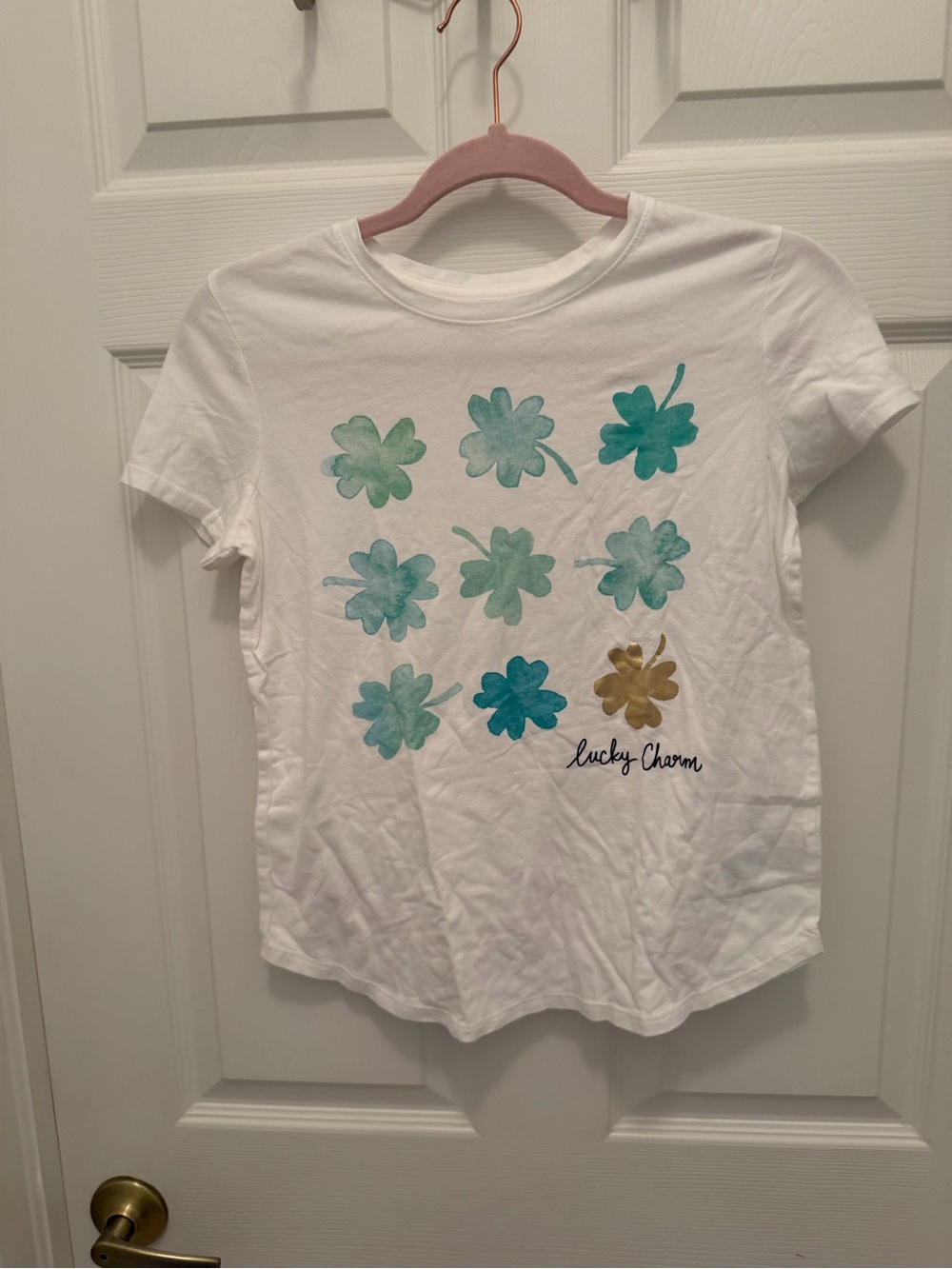 Old Navy White Girls' Short-Sleeve Tee with Aqua, Teal & Gold Clovers